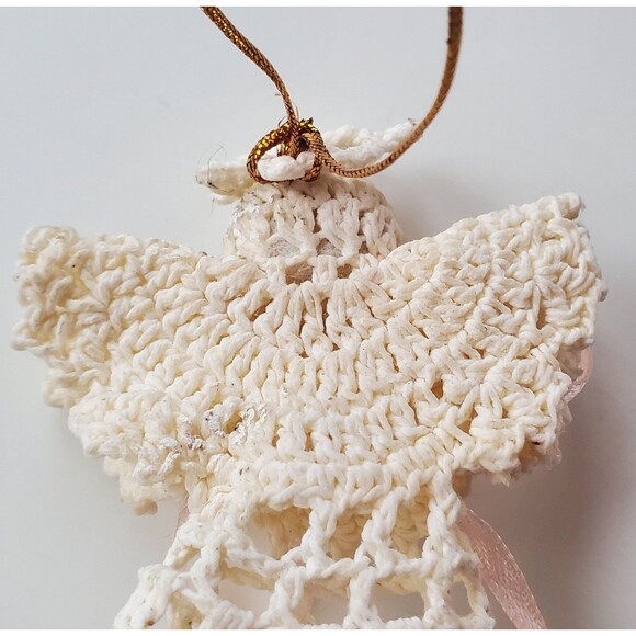 Handcrafted Angel White Crochet Starched Christmas Tree Ornament Vintage Ribbon - Picture 6 of 7